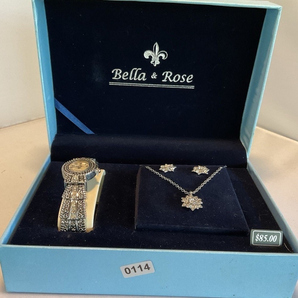 Bella & Rose Womens Watch Necklace Earring Gift Set Silver Tone Marcasite Style